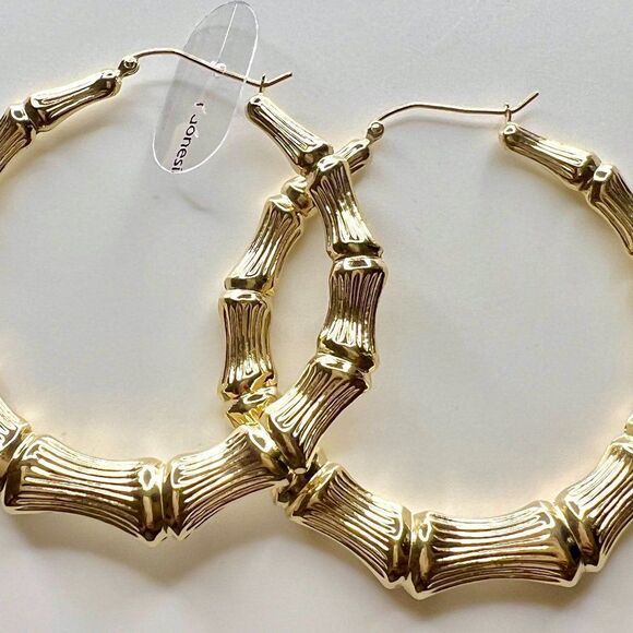 14k Gold Large Hoop Bamboo Earrings - Picture 9 of 12